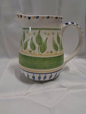 Gibson 8-inch Ceramic Pitcher White Leaf Pattern Green Yellow Blue